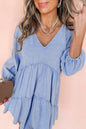 Chambray Puff Sleeve Ruffle Mini Dress