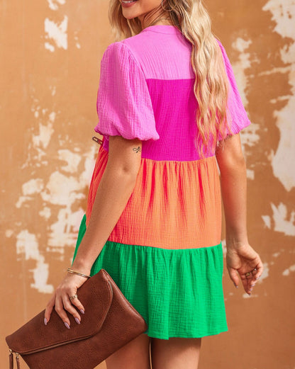 Colorblock Tiered Puff Sleeve Dress