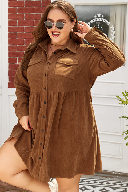 Plus Size Corduroy Button-Up Collared Shirt Dress