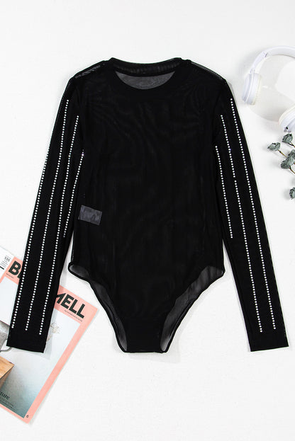 Rhinestone Mesh Long Sleeve Bodysuit