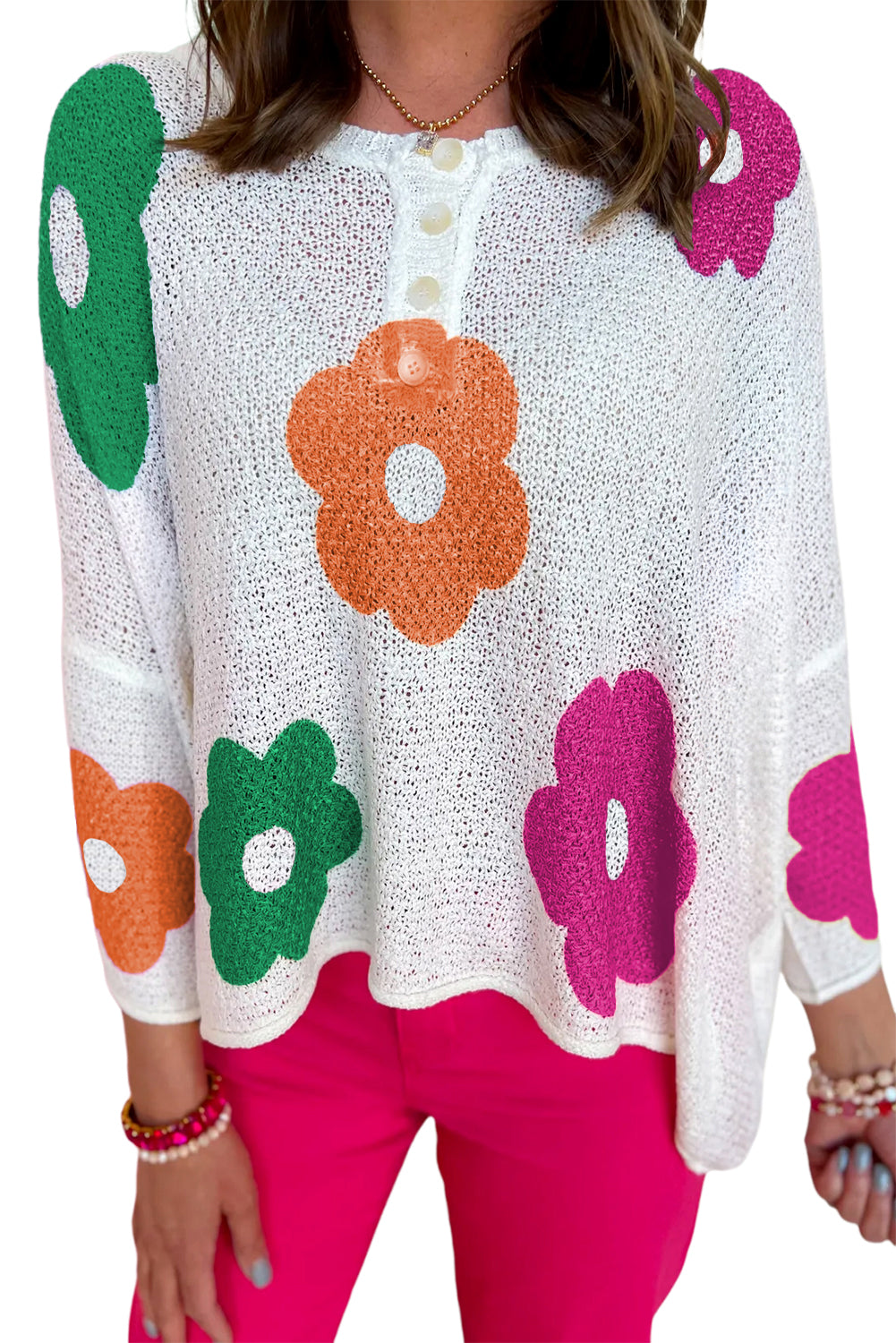 Floral 3/4 Sleeve Henley Sweater