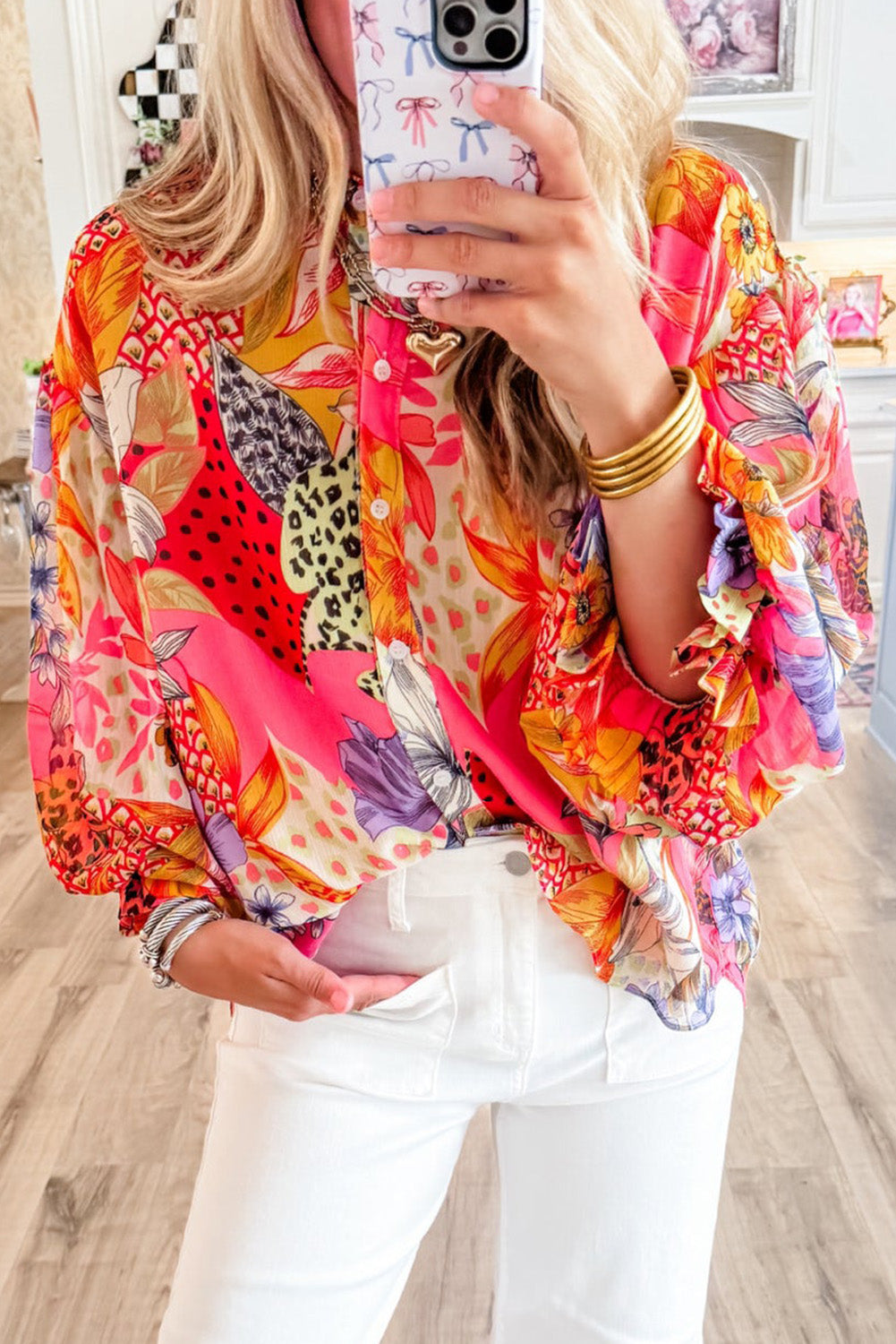 Abstract Floral Bubble Sleeve Shirt