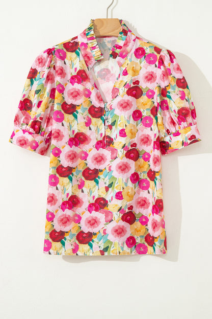 Floral Frilled V-Neck Short Puff Sleeve Blouse