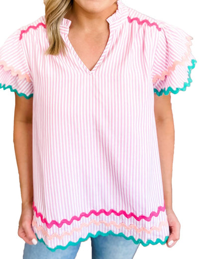 Stripe Ric-Rac Ruffle Sleeve Blouse