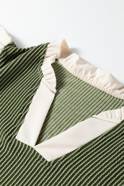 Plus Size Colorblock Corded Knit Ruffle Sleeve Blouse