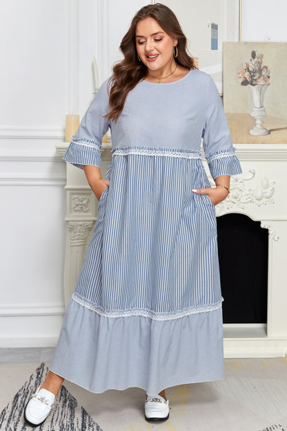 Plus Size Stripe Patchwork Lace Trim 3/4 Sleeve Maxi Dress