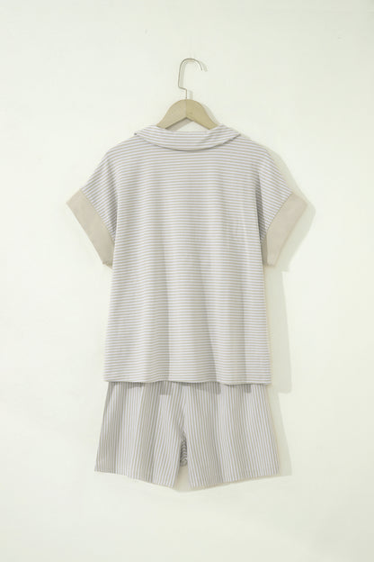Stripe Dolman Sleeve Polo Shirt & Drawstring Shorts Set