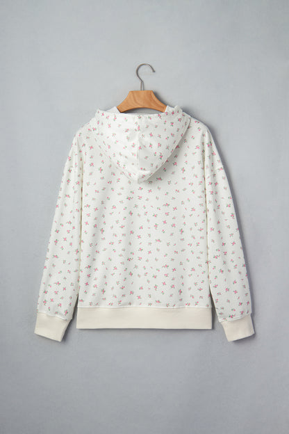 Floral Drop Shoulder Kangaroo Pocket Drawstring Hoodie
