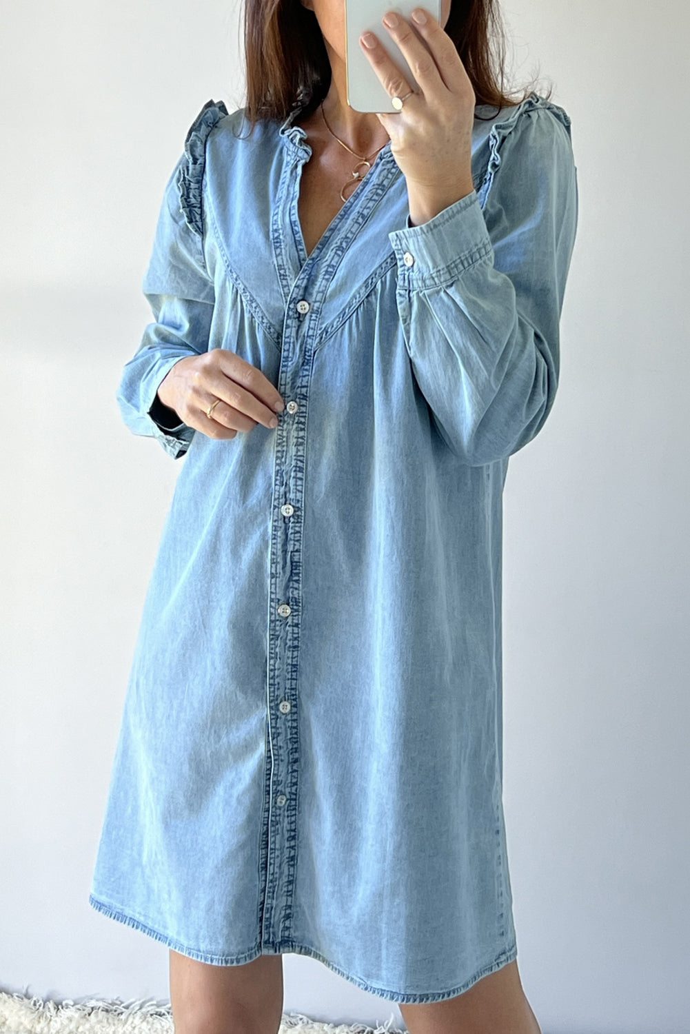 Denim Ruffle V-Neck Buttoned Dress