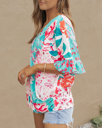 Leopard Floral Colorblock Wrap Blouse