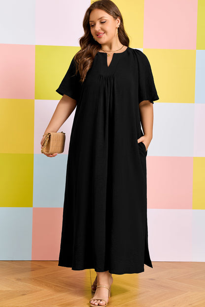 Plus Size Solid Notched Neck Short Sleeve Dress