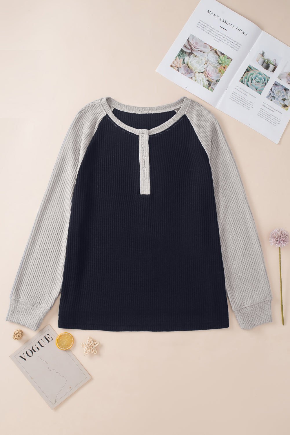 Plus Size Waffle Knit Buttoned Henley Top