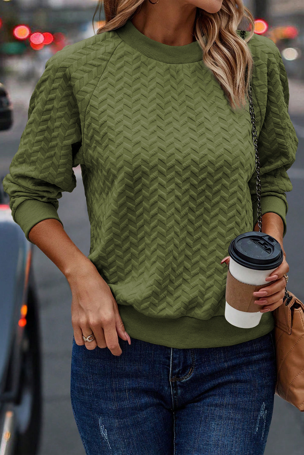 Herringbone Raglan Sleeve Pullover Sweatshirt