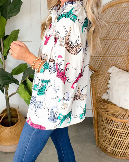 Tiger Ruffle Lantern Sleeve Blouse