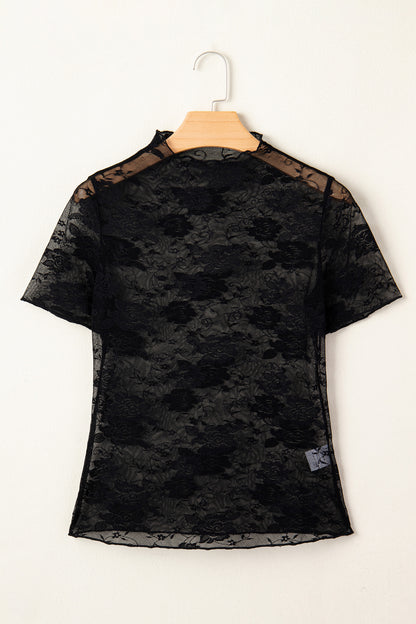 Floral Lace Sheer Mesh Short Sleeve Top