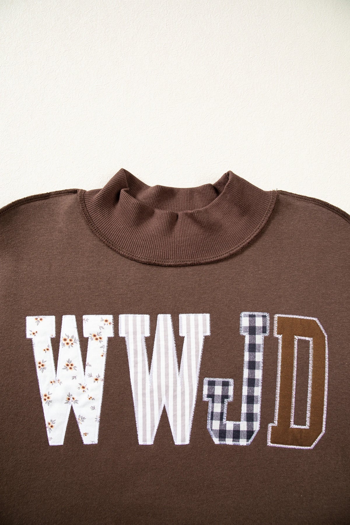 WWJD Embroidered Patchwork Mock Neck Sweatshirt