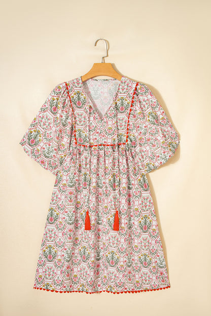 Floral Tassel Tie V-Neck Scalloped Trim Mini Dress