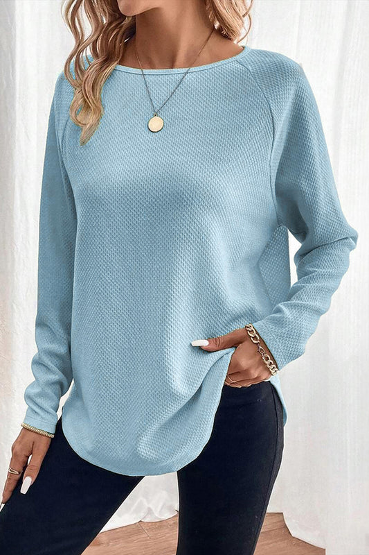Solid Textured Knit Raglan Long Sleeve Top