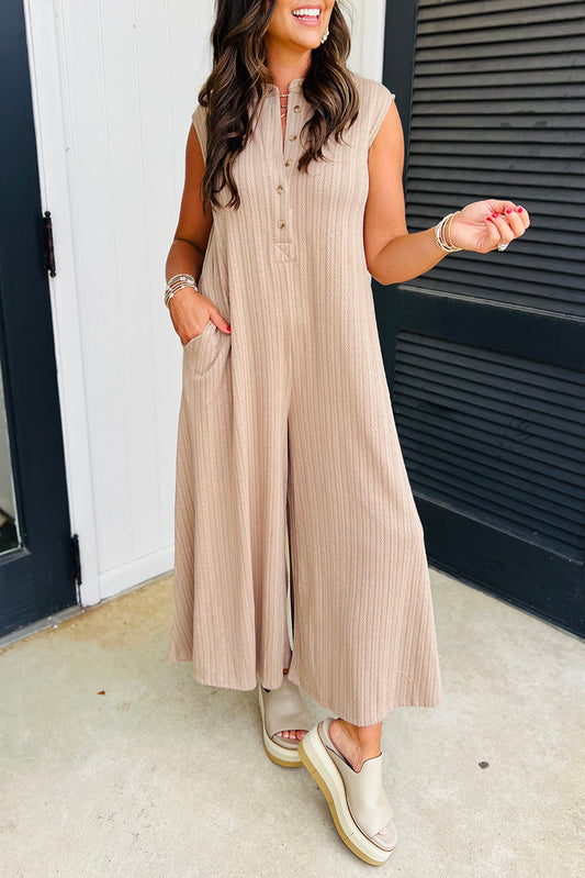 Cable Textured Buttoned Sleeveless Jumpsuit