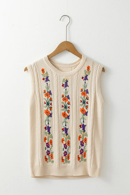 Floral Embroidered Sleeveless Sweater Top