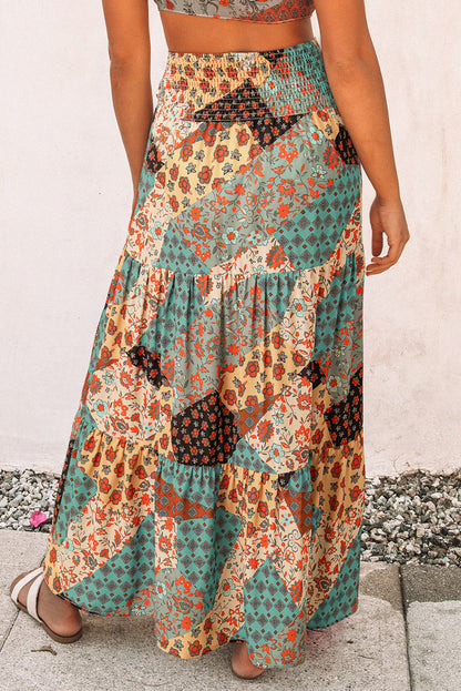 Boho Floral Patchwork Smocked Waist Maxi Skirt