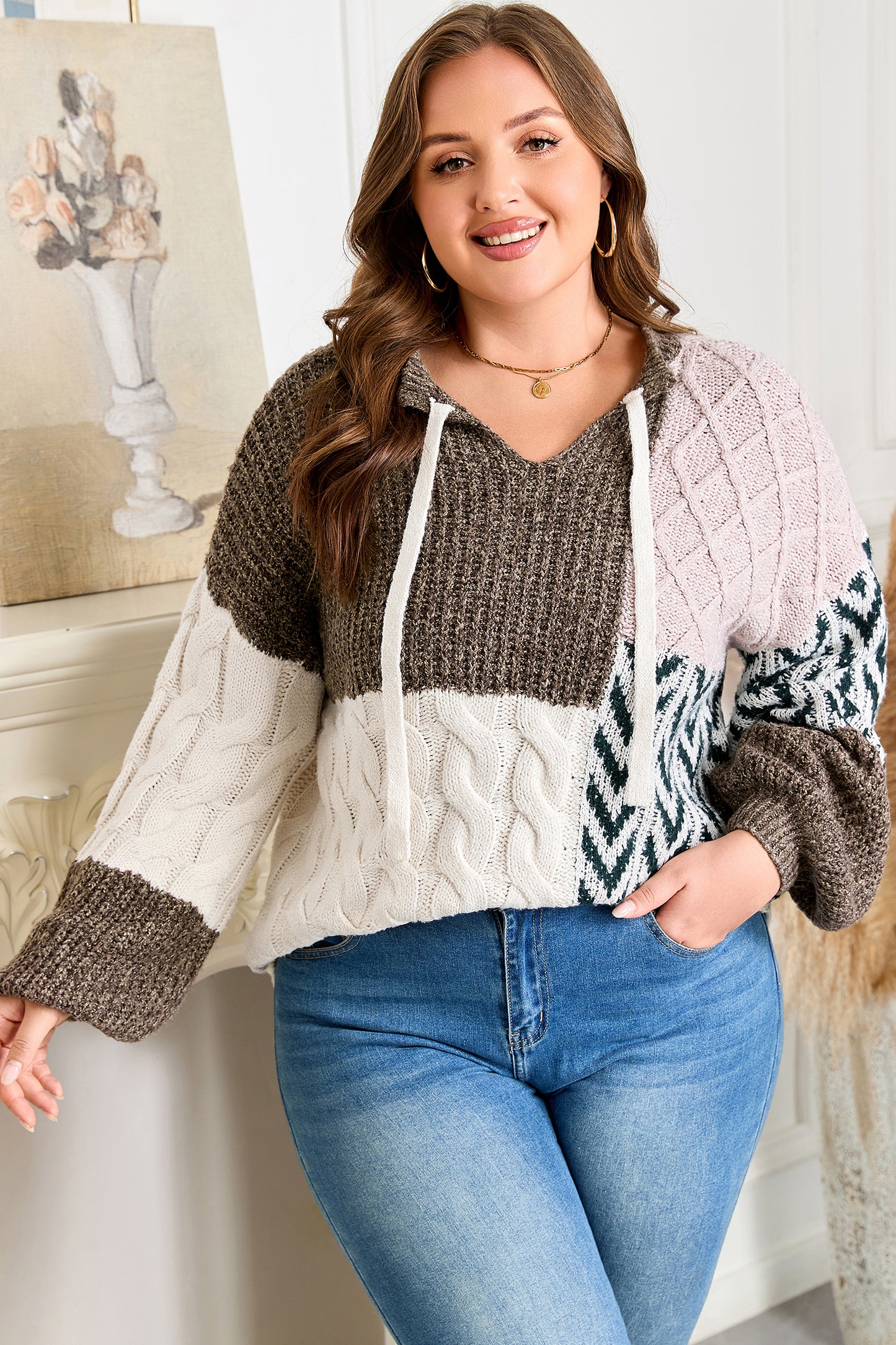 Plus Size Colorblock Cable Knit Tie Back Sweater