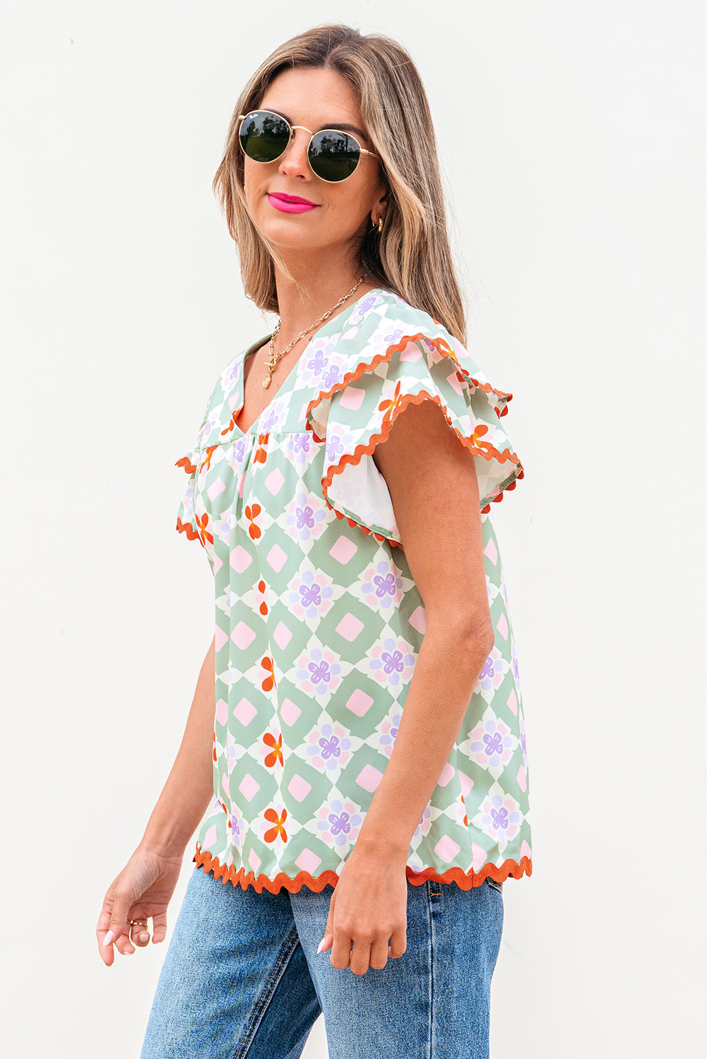 Geometric Floral V-Neck Layered Flutter Sleeve Blouse