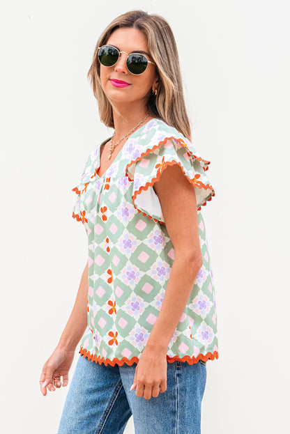 Geometric Floral V-Neck Layered Flutter Sleeve Blouse