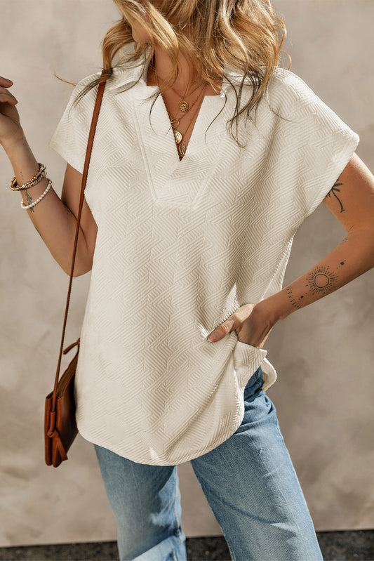 Collared V-Neck Short Sleeve Top