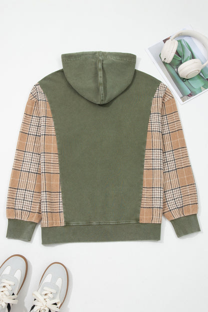 Plaid Patchwork Pocketed Drawstring Hoodie