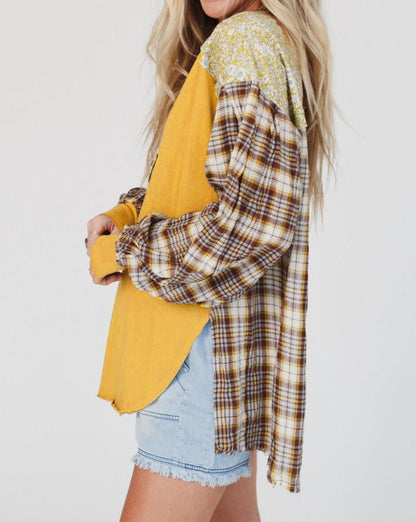 Floral Plaid Patchwork V-Neck Top