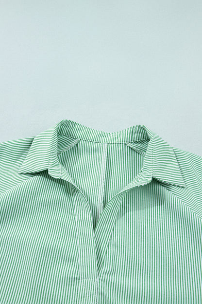 Plus Size Stripe Collar V-Neck Short Sleeve Blouse