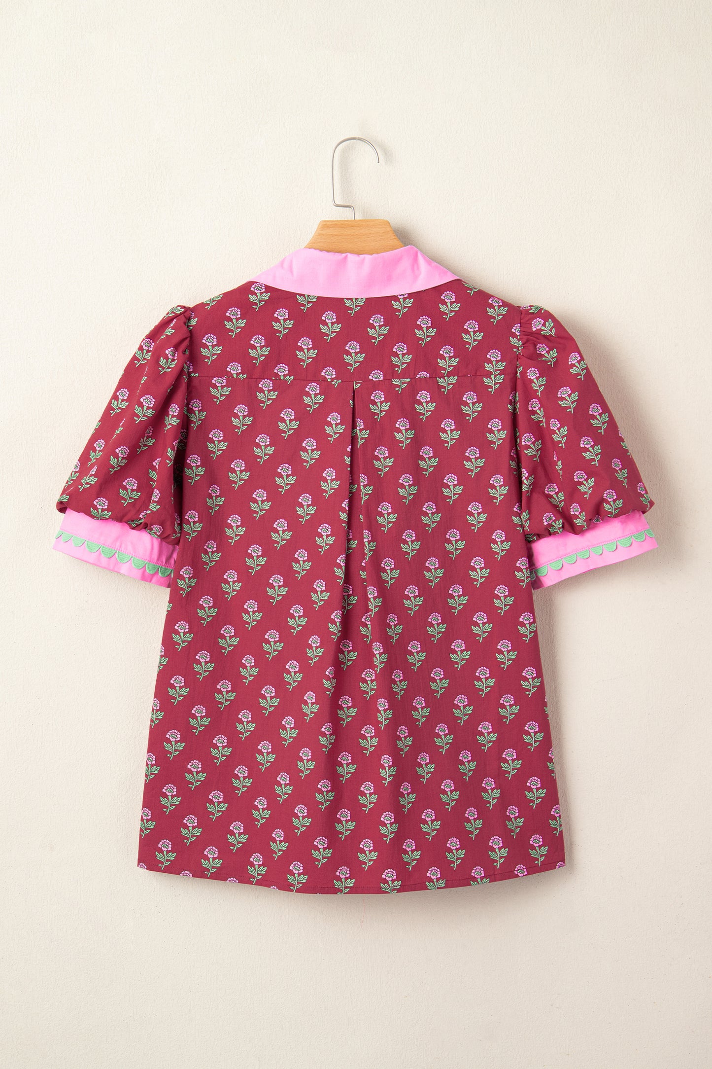 Floral Contrast Collared V-Neck Ricrac-Trim Blouse