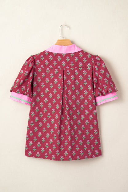 Floral Contrast Collared V-Neck Ricrac-Trim Blouse