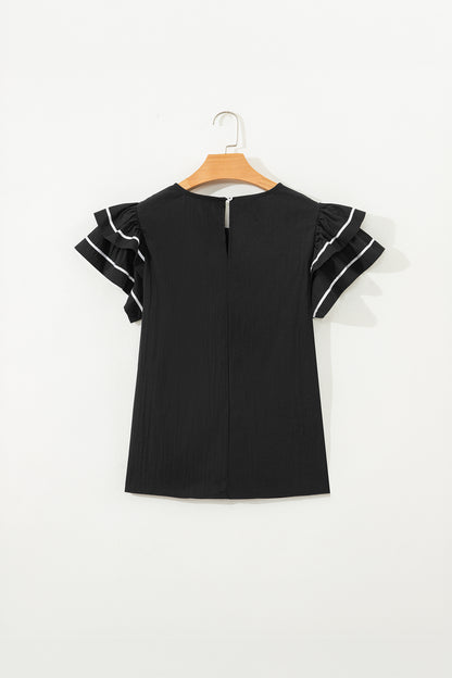 Contrast Trim Ruffle Short Sleeve Blouse