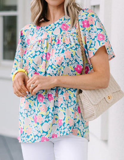 Sky Blue Floral Shirring Top