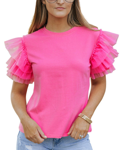 Tulle Ruffle Short Sleeve Top