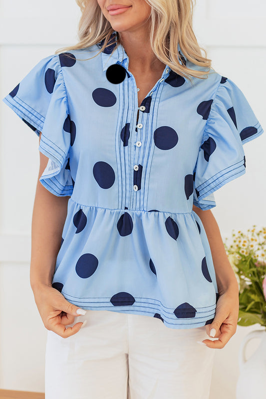 Polka Dot Short Sleeve Buttoned Blouse