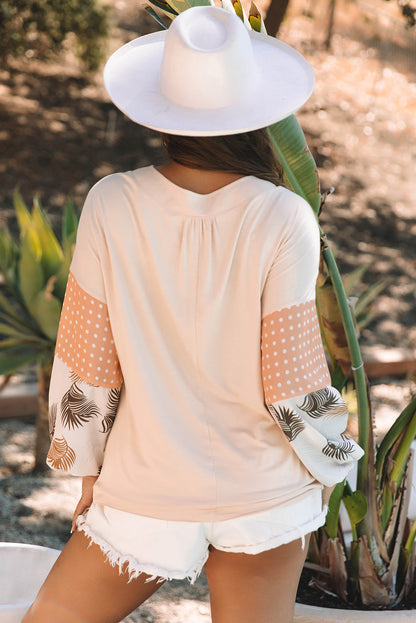 Tropical Polka Dot Patchwork Puff Sleeve V-Neck Blouse
