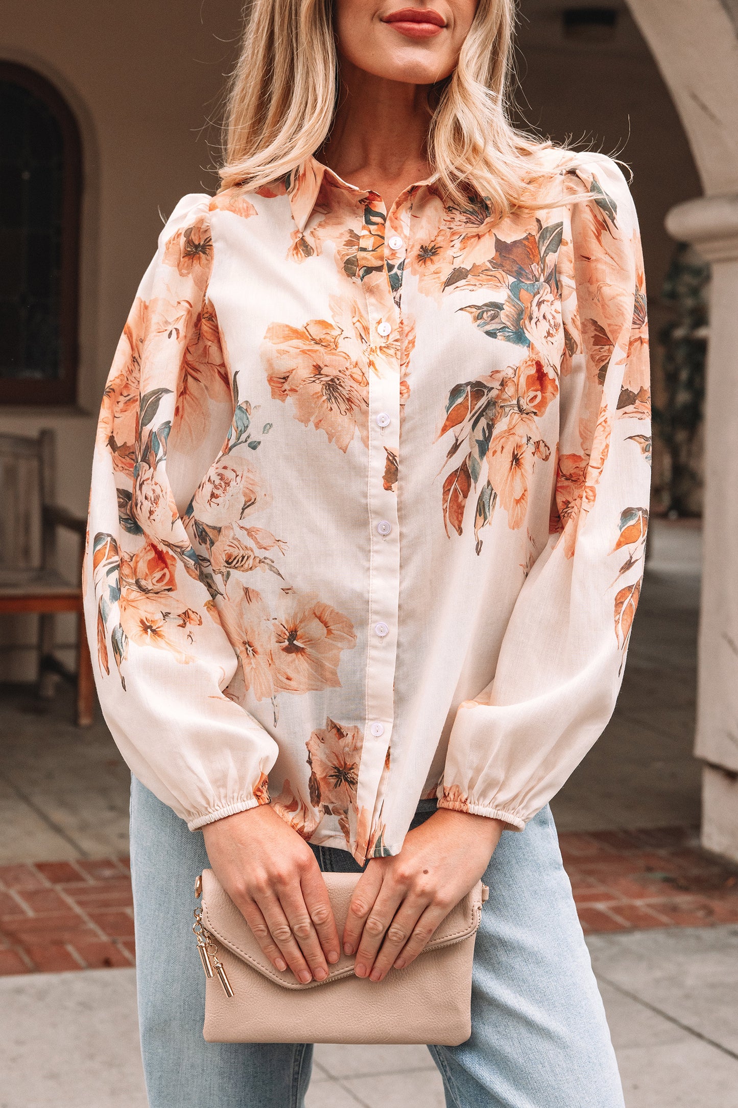 Floral Puff Sleeve Collared Shirt