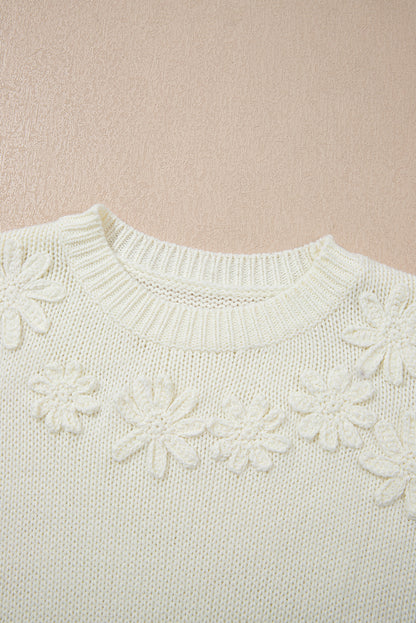 Floral Textured Puff Sleeve Round Neck Sweater