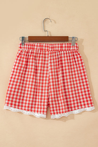 Gingham Plaid Tie Waist Lace Hem Shorts