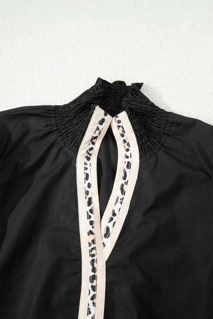 Leopard Trim V-Neck Puffy Flounce Sleeve Blouse