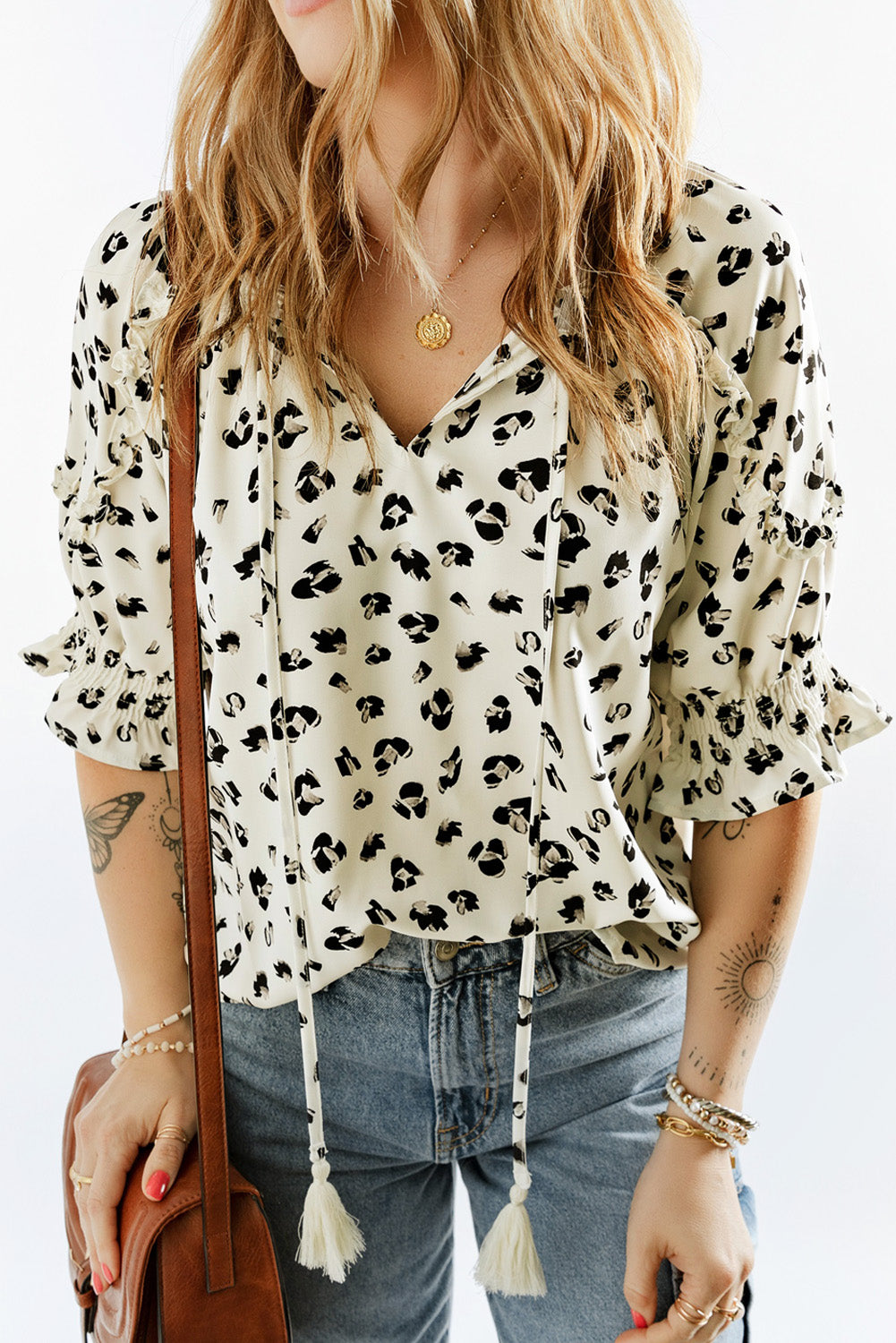 Leopard Frilled Puff Sleeve Blouse