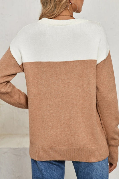 Colorblock Ribbed Trim Round Neck Sweater