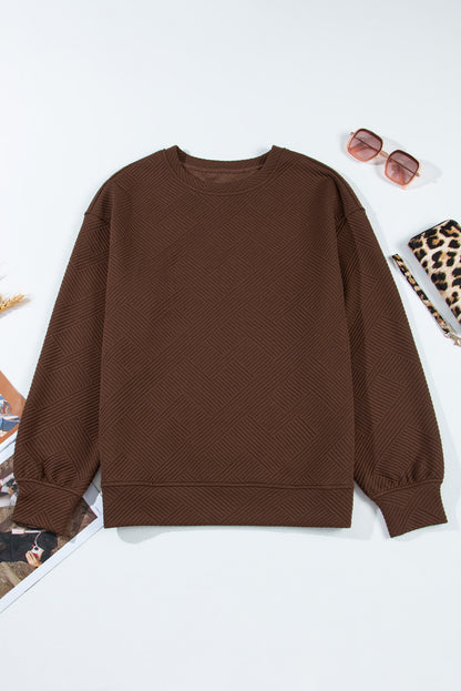 Solid Textured Round Neck Drop Shoulder Sweatshirt