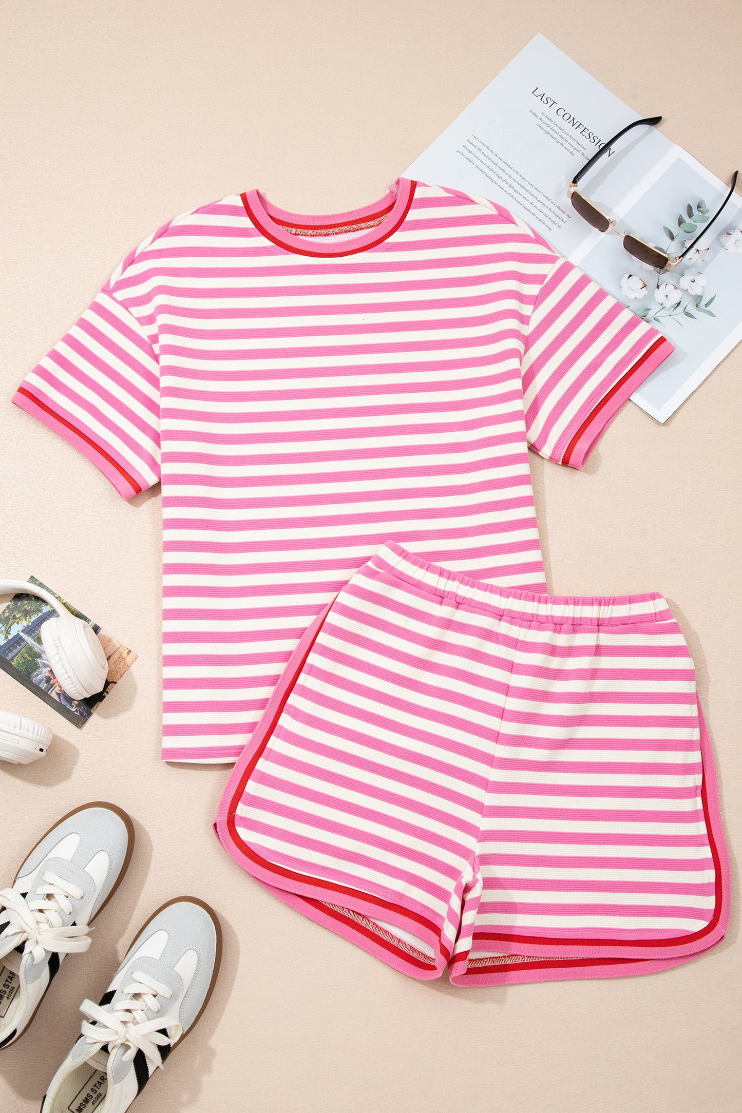 Stripe Contrast Trim Top & Loose Shorts Set