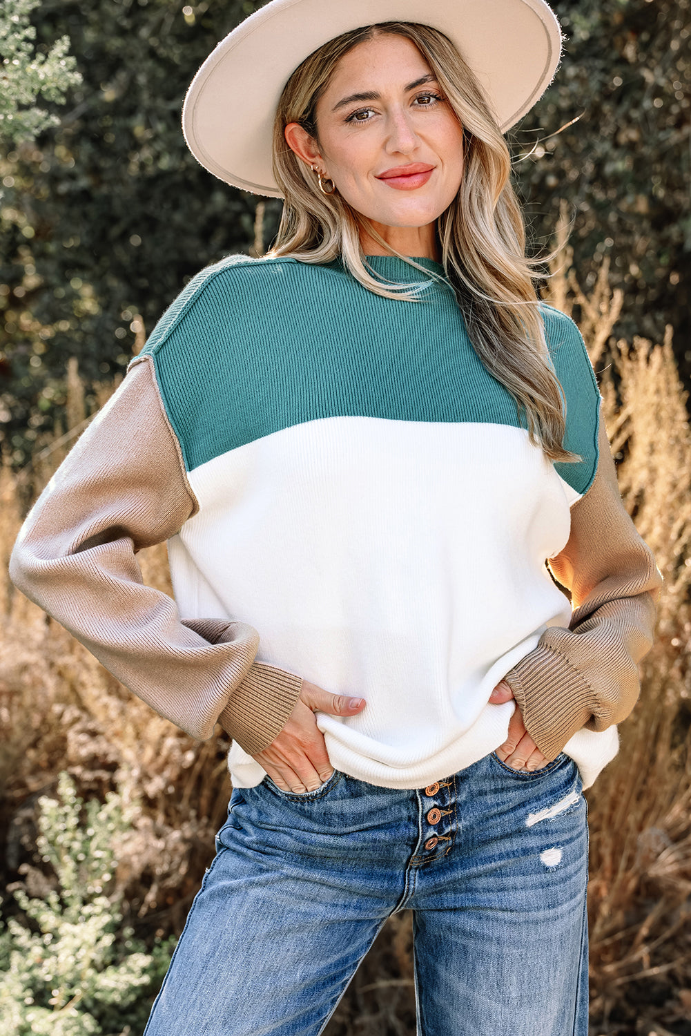 Colorblock Ribbed Knit Long Sleeve Sweater