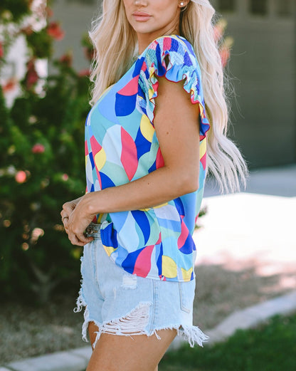 Abstract Ruffle Short Sleeve Blouse