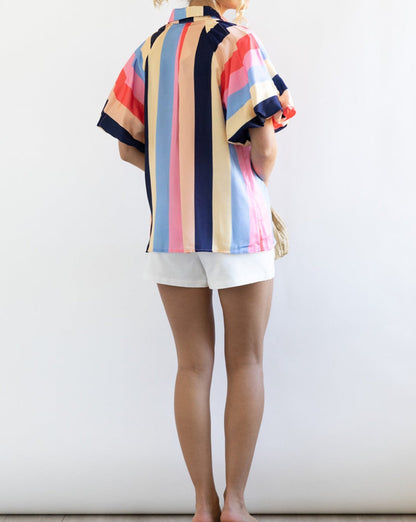 Colorblock Stripe Puff Sleeve Shirt